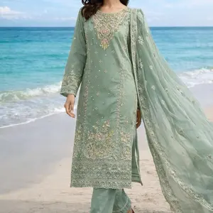 Pakistani Formal Women's Ready To Wear Party Wear AghaNoor Dress in Mint Green Chiffon Fabrics Fully Lined with Lace Detailing and Embroidered Dupata