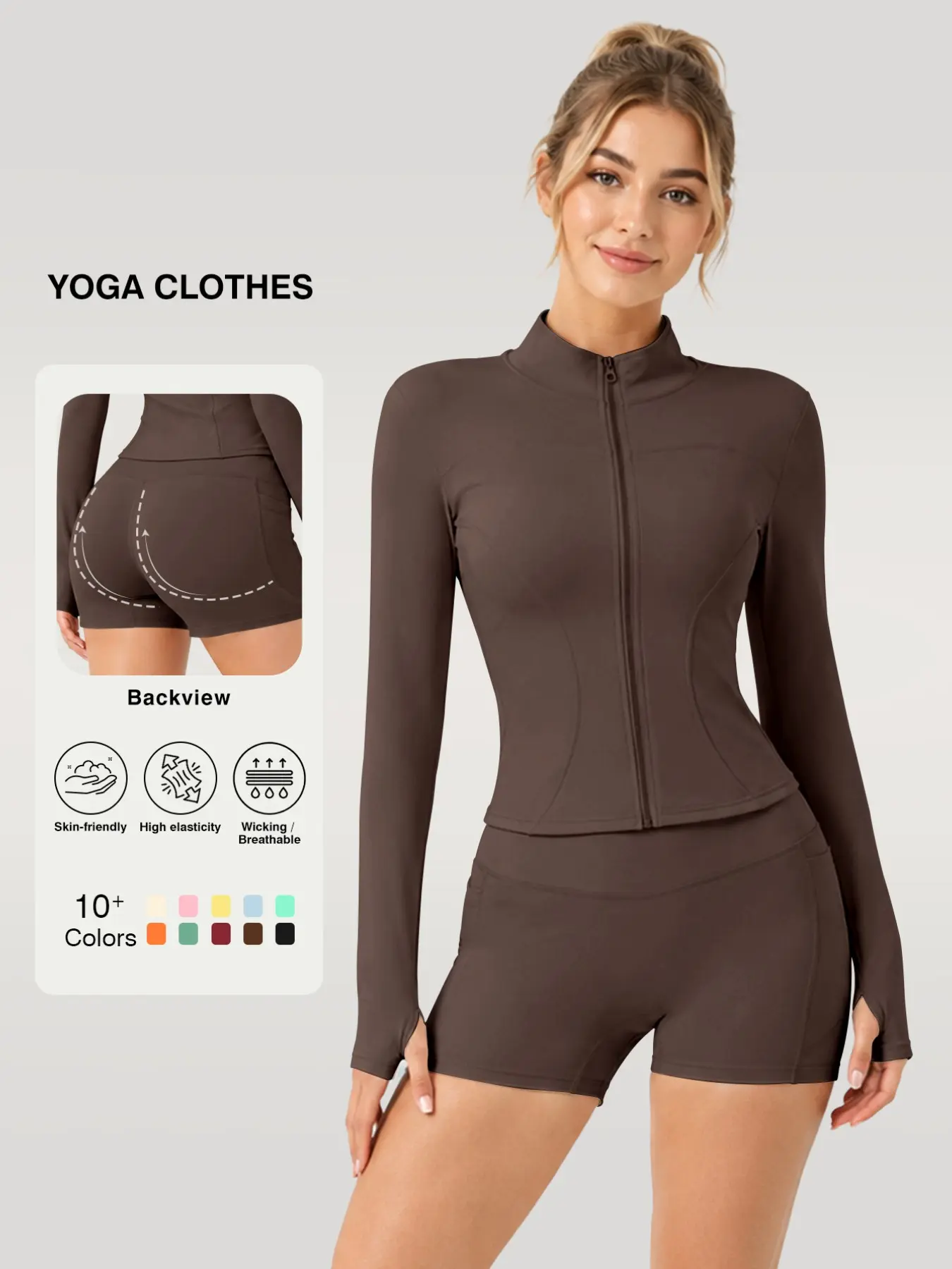 Women's Sporty Clothing Set, Long-Sleeve Jacket and High-Waist Shorts, Quick-Dry Slim-Fitting Solid Color Sports Zipper Suit, Quick Dry Activewear, Sporty Outfit, Available in 10 Colors
