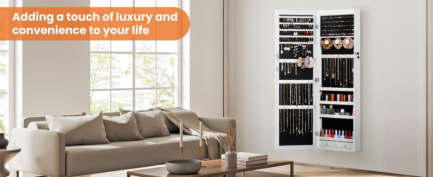 Full-Length Mirrored Jewelry Cabinet with Built-In Makeup Mirror, White Lockable Storage Cabinet with 2 Drawers