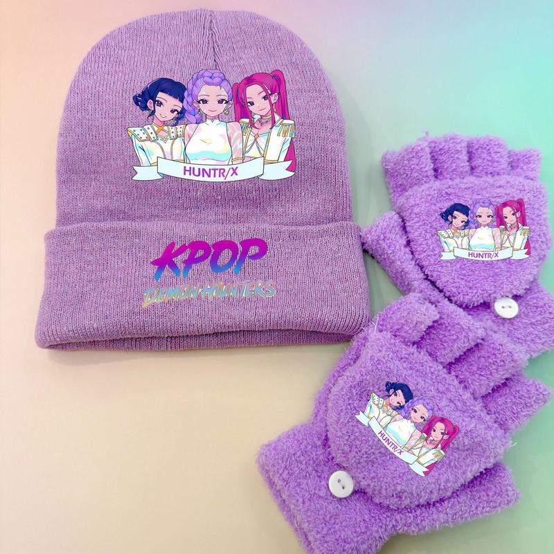 Kpop Anime Emroidered Beanie Hat and Matching Plush Gloves Set Purple Knitted Winter Cap with Rumi Zoey Mira Cartoon Print for Autumn and Winter Wear