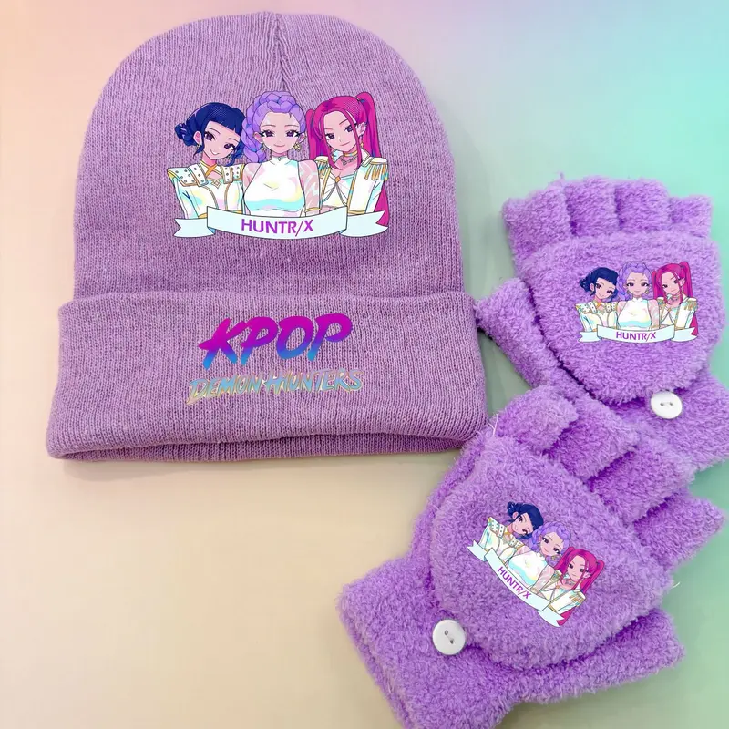 Kpop Anime Emroidered Beanie Hat and Matching Plush Gloves Set Purple Knitted Winter Cap with Rumi Zoey Mira Cartoon Print for Autumn and Winter Wear