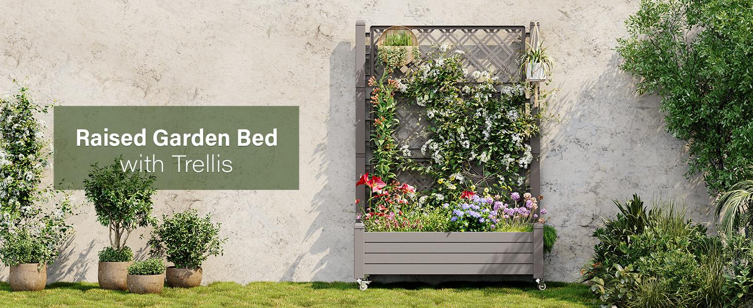 [4 Universal Casters] 61.2"H Freestanding Garden Trellis & Horticulture Planter Box with Drainage Holes, Ideal for Climbing Vine Plants Outdoor/Indoor Use, Balcony, Patio, Courtyard, Yard Elevated Raised Flower Bed, Planting Box