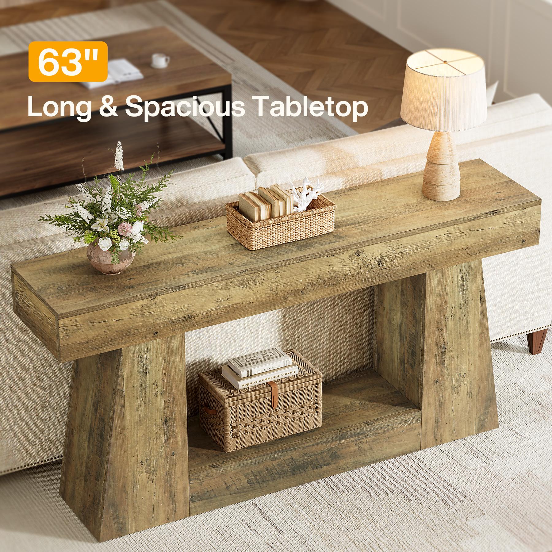LITTLE TREE 63" Farmhouse Console Table with Storage, Rustic Sofa Table for Entryway, Narrow Long Sofa Table Behind Couch, Console Table for Living Room, Hallway—Versatile Storage Solution, Oak