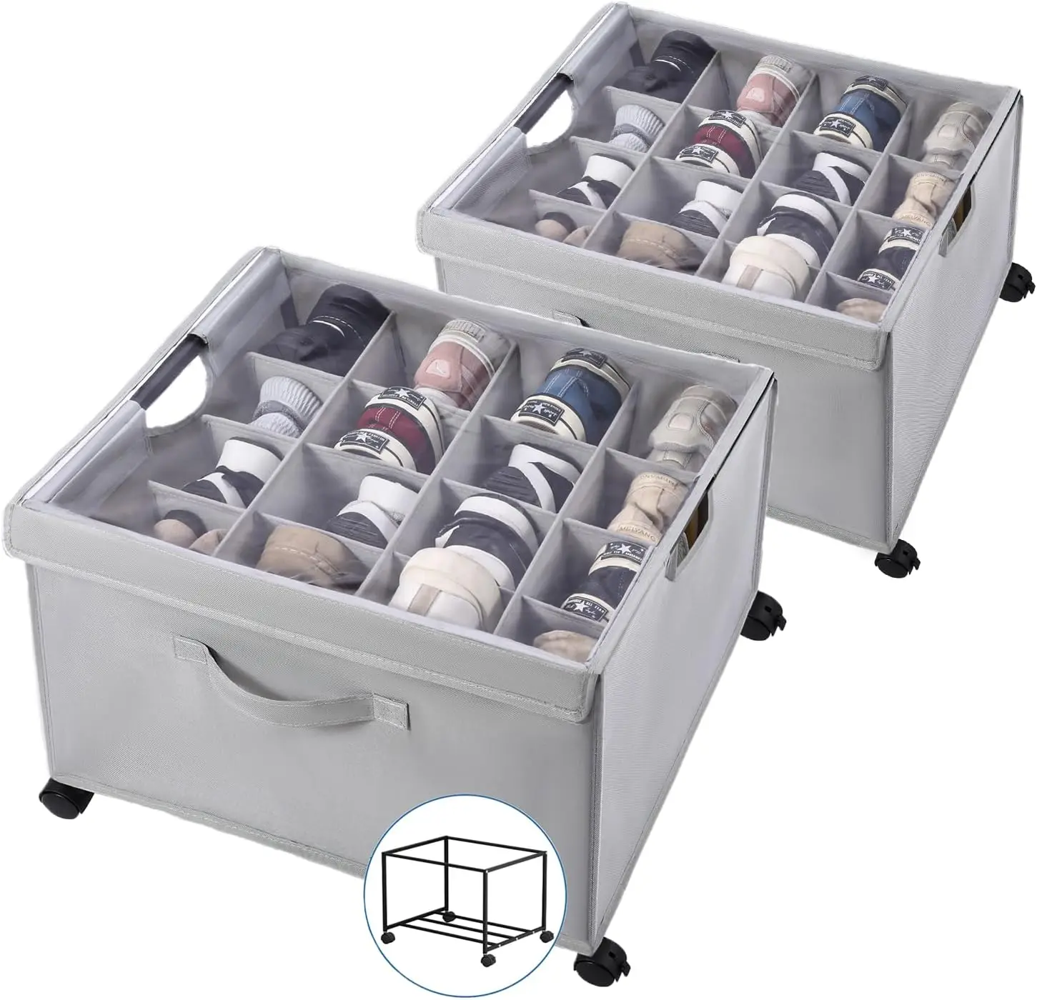 HOUSE AGAIN Freestanding Rectangular Closet Shoe Organizer - Durable Reinforced Adjustable Shelf Rack Cubby with Lid, Sturdy Metal Frame, 360° Rotatable Wheels, Lockable Brakes, Dustproof Cover, Holds Up to 16 Pairs of Shoes & Boots (Home Supplies, Racks)
