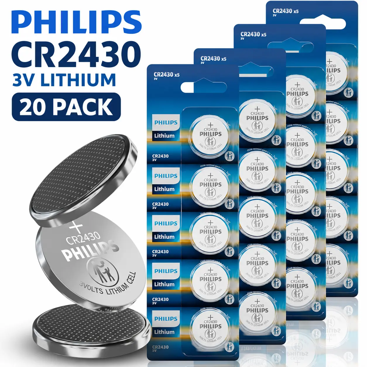PHILIPS CR2430 3V Lithium Coin Batteries, 5/20 Pack, 10-Year Shelf Life, Leak-Proof Replacement Battery for Smart Remotes, Car Keys, Watches, Sensors & Security Systems