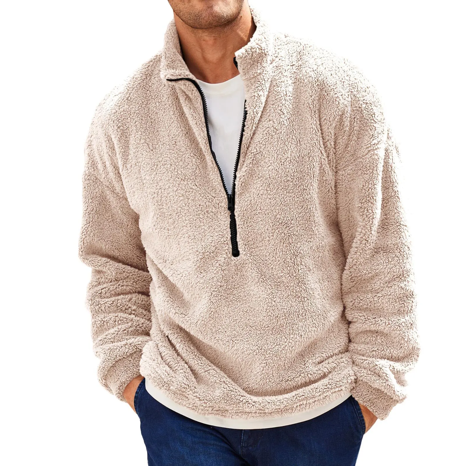 Runcati Men’s Fuzzy Sherpa Sweatshirt Quarter Zip Pullover Long Sleeve Winter Fall Fleece Outwear
