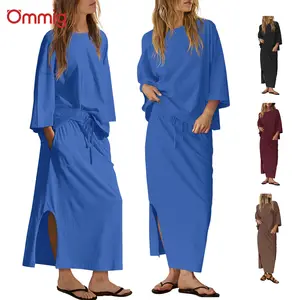 Ommig Womens 2 Piece Outfits Spring& Summer Skirt Sets Oversized 3/4 Sleeve Top and Maxi Skirt with pockets Vacation Matching Lounge Set