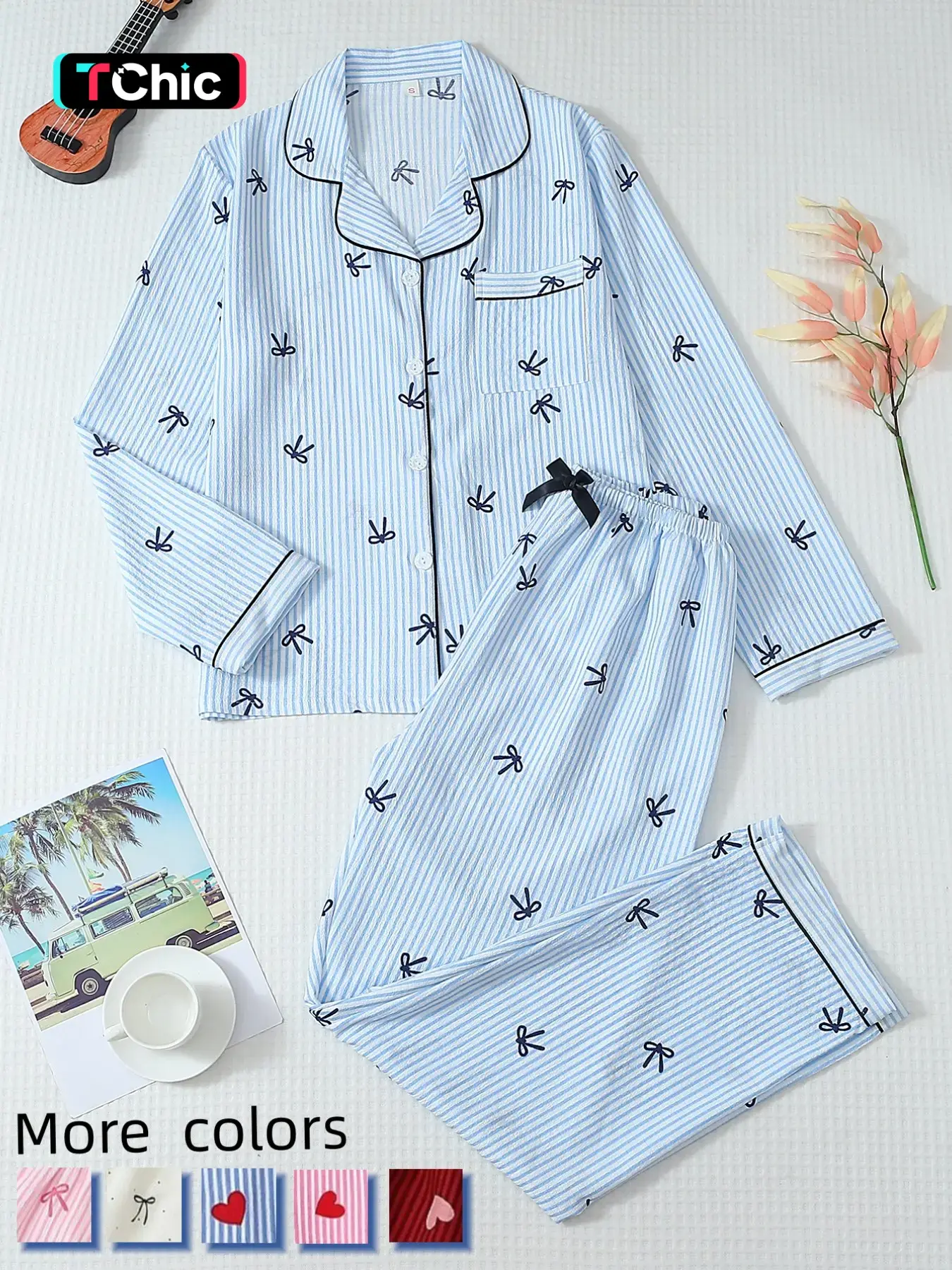 Women's Striped Bow Print Long Sleeve Pajama Set, Sweet Cute Button Front Top and Pants, Casual Home Wear Loungewear for All Seasons