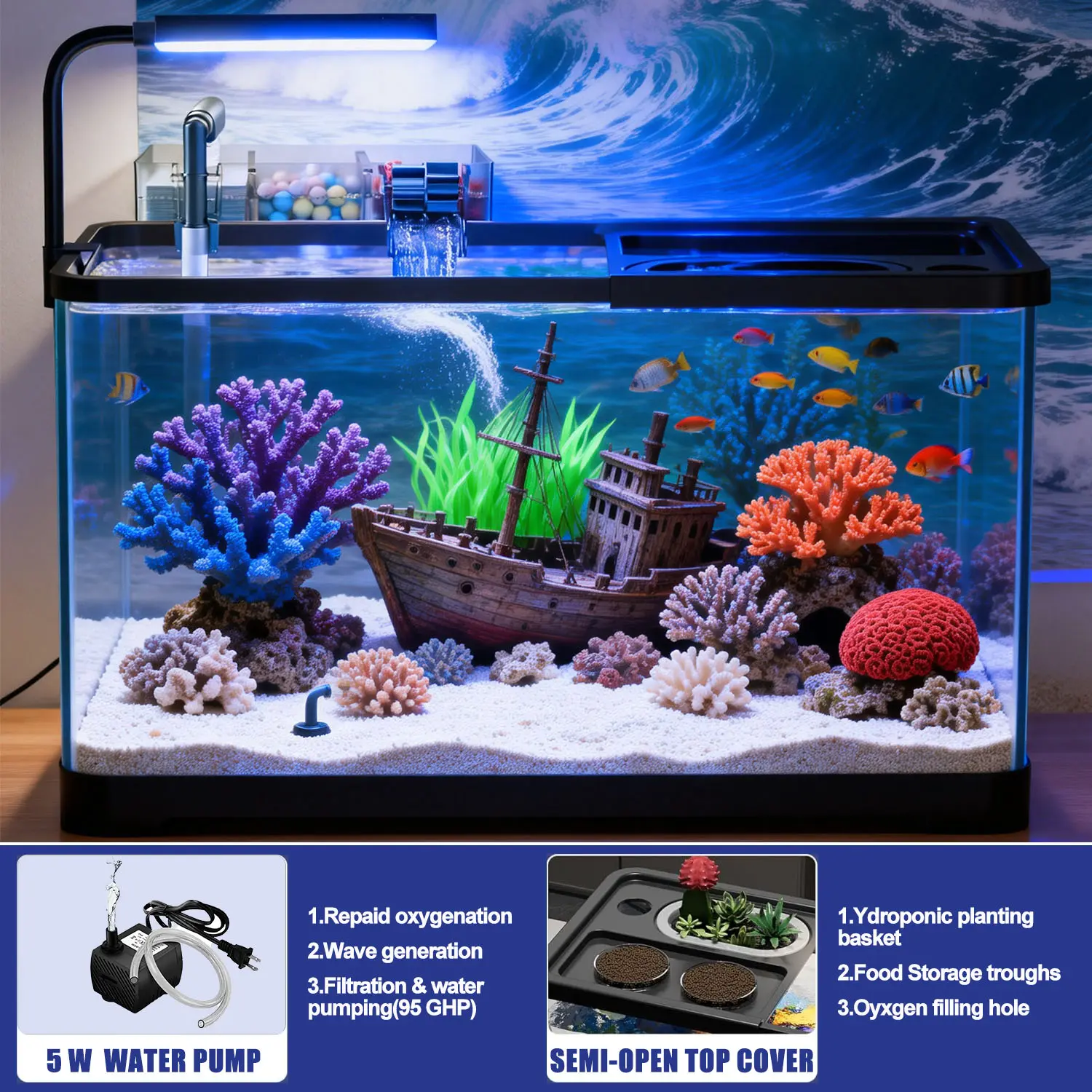 5 Gallon Fish Tank, Aquarium Plastic Starter Kit with Filter, led Light, sponge, and filter ball, Fish Tank for Betta, Plastic Nano Aquarium with Lid(18.5*7.87*8.07 inch / Black) (5 Gallon Fish Tank)