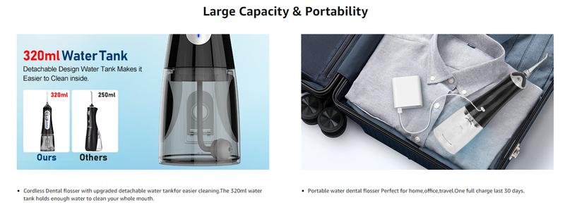 NBGRLVS Water Dental Flosser - 6 Modes, 320ML Portable & Rechargeable, IPX7 Waterproof - Home and Travel Oral Care