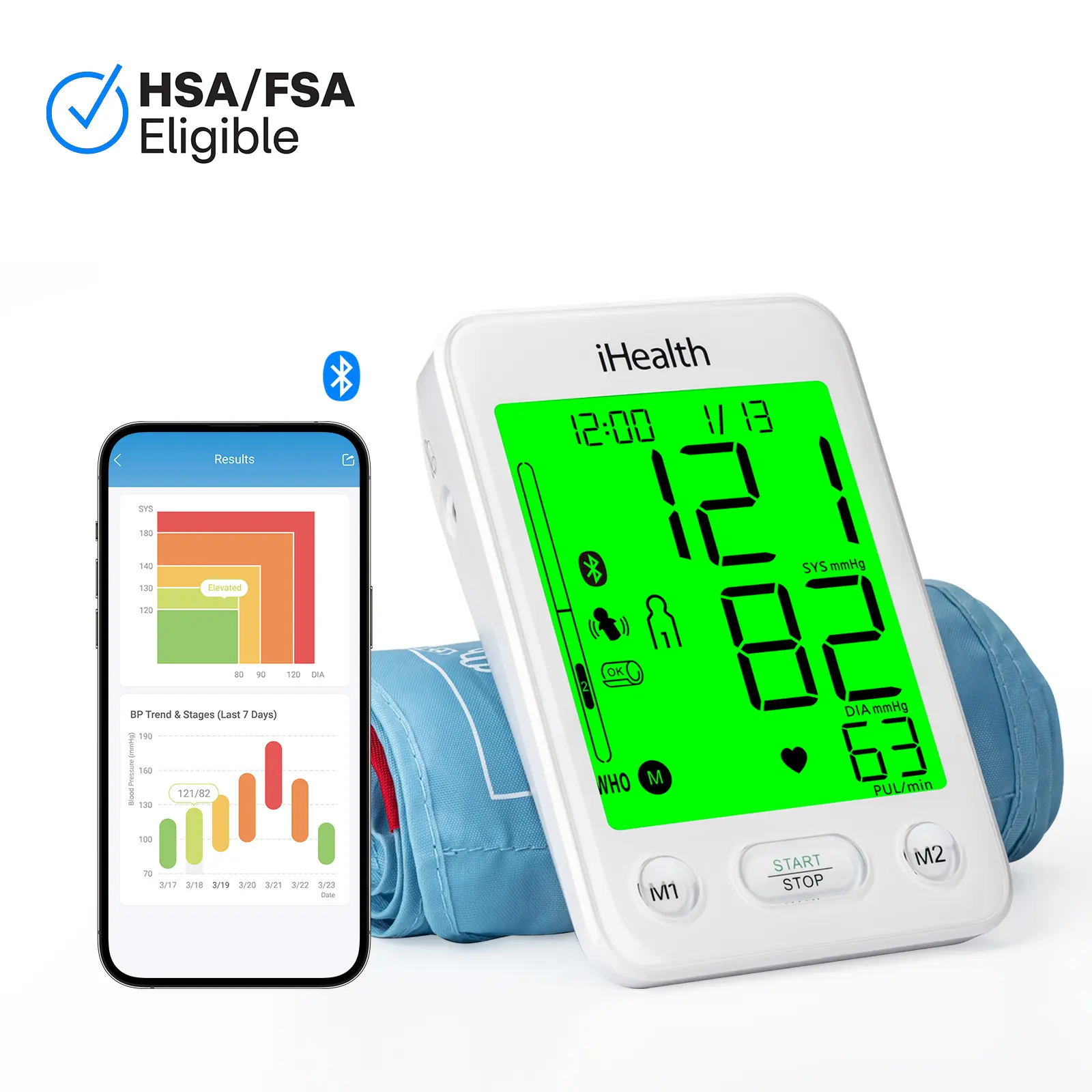 iHealth Bluetooth Upper Arm Blood Pressure Monitor, HSA/FSA Eligible – 4.5" Tri-Color WHO-Based LCD, Clinically Accurate, Irregular Heartbeat Alert, Body & Cuff Detection, Bluetooth Cloud Sync, Batteries, Alkaline