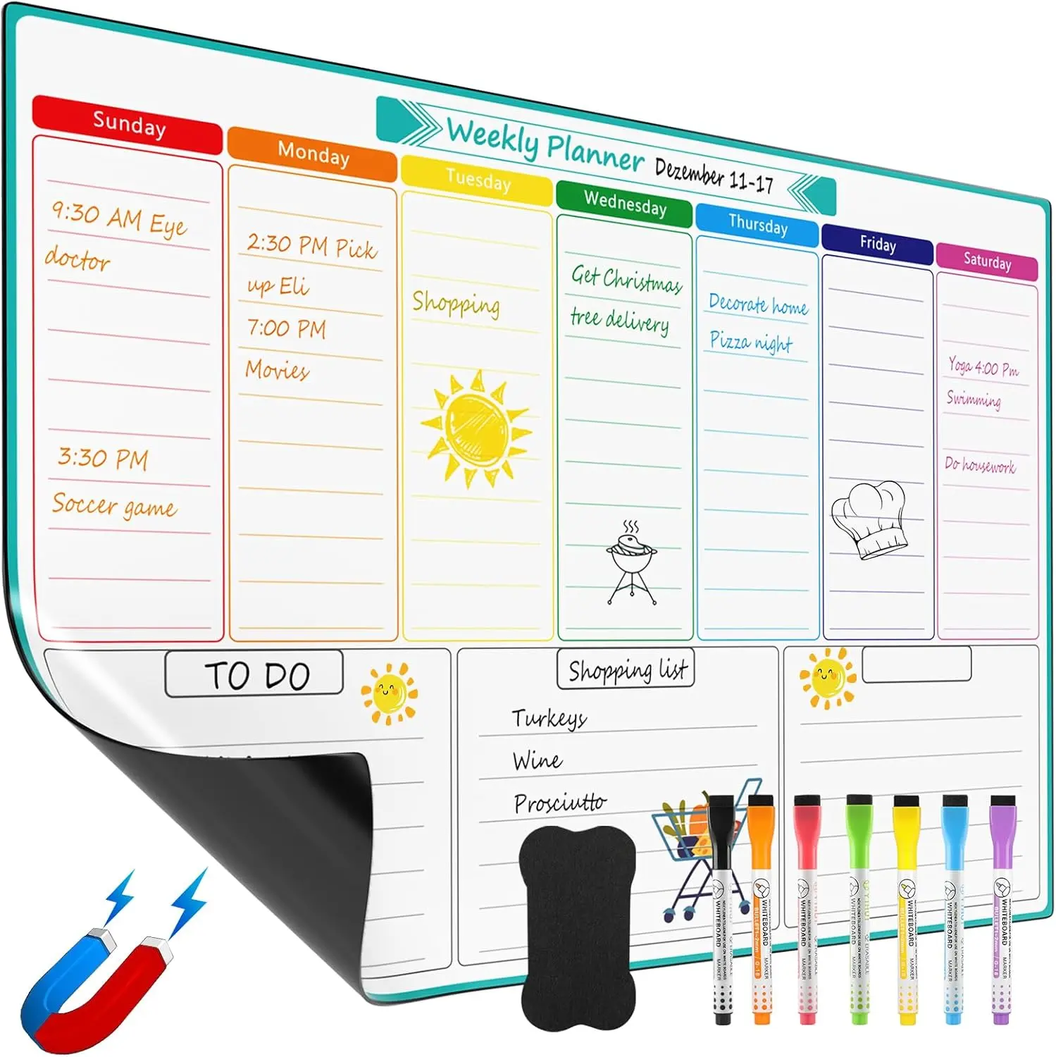 MaxGear 16x12 in Strong Magnetic Weekly Fridge Whiteboard Calendar with Date & Event Tracking, Reusable Dry Erase Refrigerator Planner Board for Busy People, 7 Fine-Point Markers, 1 Eraser with Stain-Resistant Technology, Refrigerator Organizer, Weekly Pl