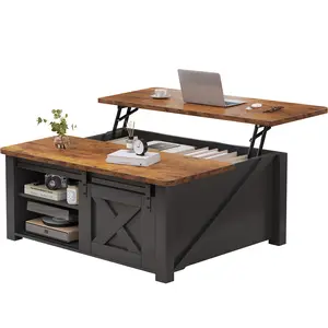 Modern Lift Top Coffee Table with Hidden Storage & Adjustable Shelves, Square Farmhouse Center Table for Living Room