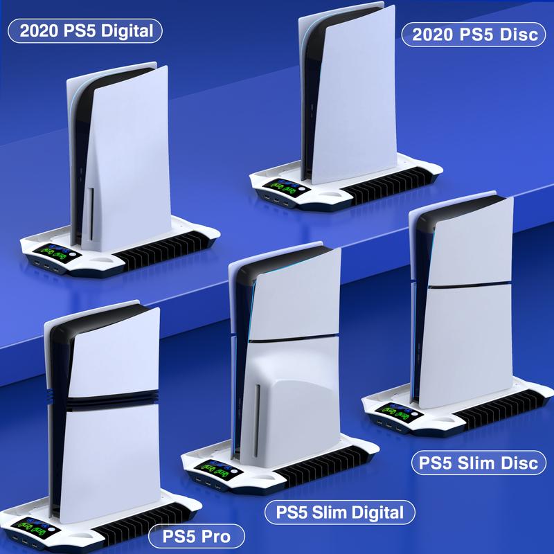 ESYWEN PS5 Slim/PS5 Pro Stand & Cooling Station with Dual Controller Charger, 3-Level Fan, 13-Game Holder, USB Hub, Headset Mount, Fast Charging Dock, LED Indicators