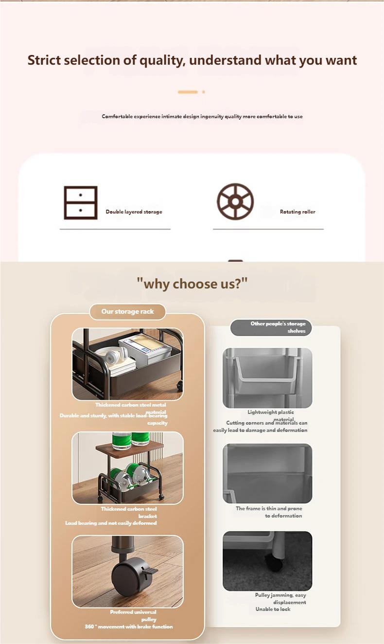 Movable Double-layer Tea Trolley/Side Table with Wheels for Living Room Sofa Storage, Bedroom Shelf, and Small Table