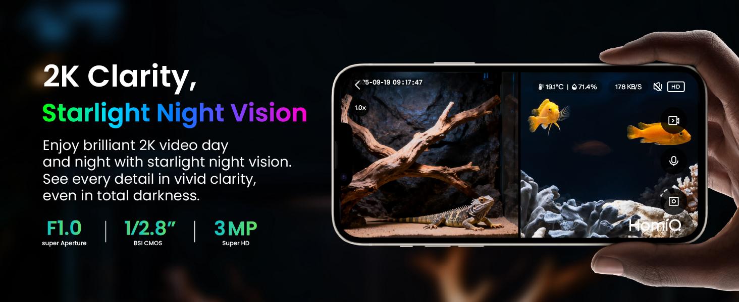 HomiQ Life 3MP 2K Aquarium & Terrarium Pet Camera.Magnetic Install &Close-Focus Lens for Fish,Lizard, Reptile Pet and Window Bird Feeder,2.4GHz & 5GHz WiFi,Color Night Vision,Auto-focus,24/7 Recording