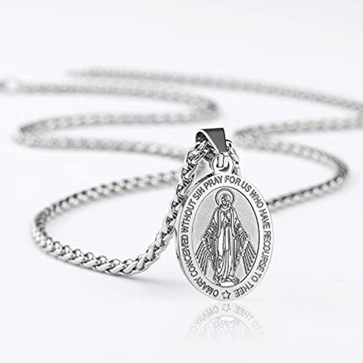 Men's Virgin Mary Necklace - Miraculous Medal Pendant in Stainless ...