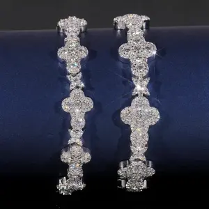 10mm Moissanite-like material Clover Bracelet - S925 Silver, Iced Out for Men & Women | Hip Hop Jewelry with Cross & Star Design Adjustable Clasp Versatile Style bracelets bracelet stack