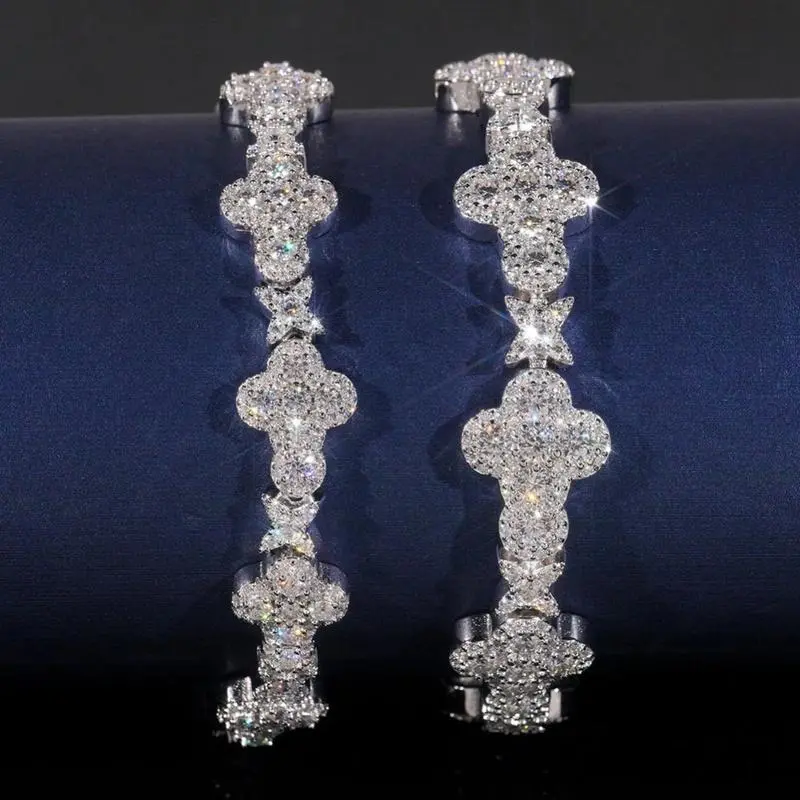 10mm Moissanite-like material Clover Bracelet - S925 Silver, Iced Out for Men & Women | Hip Hop Jewelry with Cross & Star Design Adjustable Clasp Versatile Style bracelets bracelet stack
