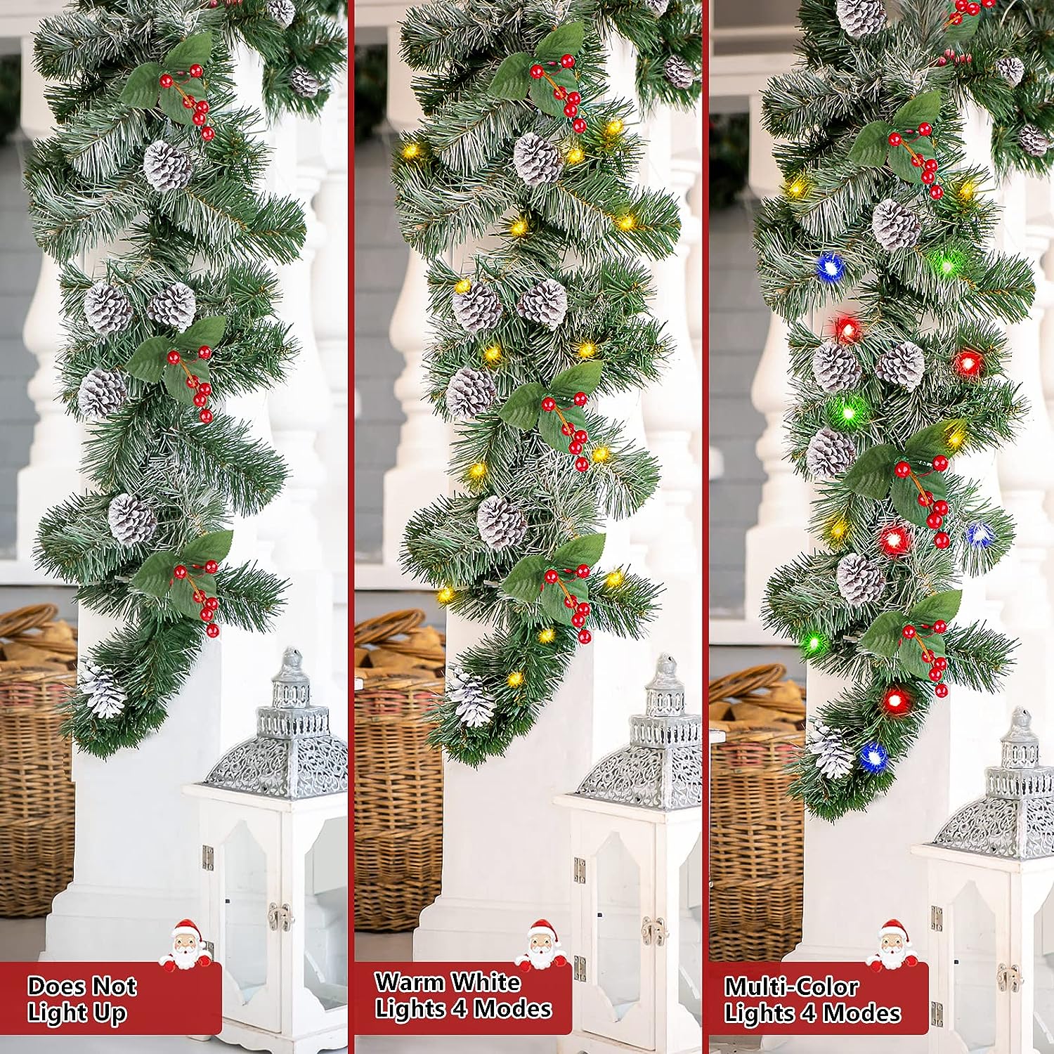 SHareconn 9FT Prelit Artificial Christmas Garland with Color Changing Lights & Timer Batteries Operated for Mantle Table Stairs Fireplace Xmas Decoration Multicolor Holiday Ornaments