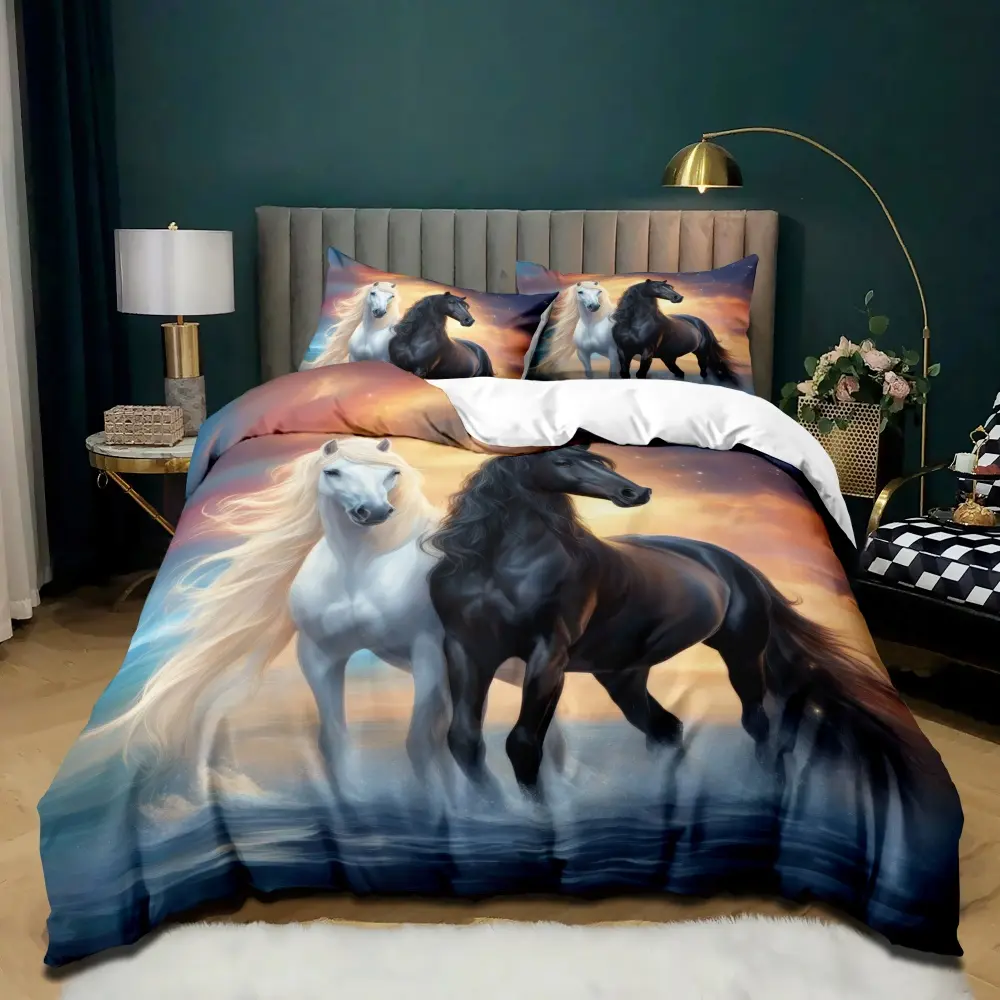 3-piece set of couple's horse love print duvet cover, made of polyester fiber material, with one duvet cover and two pillowcases (excluding the core) suitable for bedrooms and guest rooms, with optional sizes and 100% polyester fabric Duvet Cover Sets