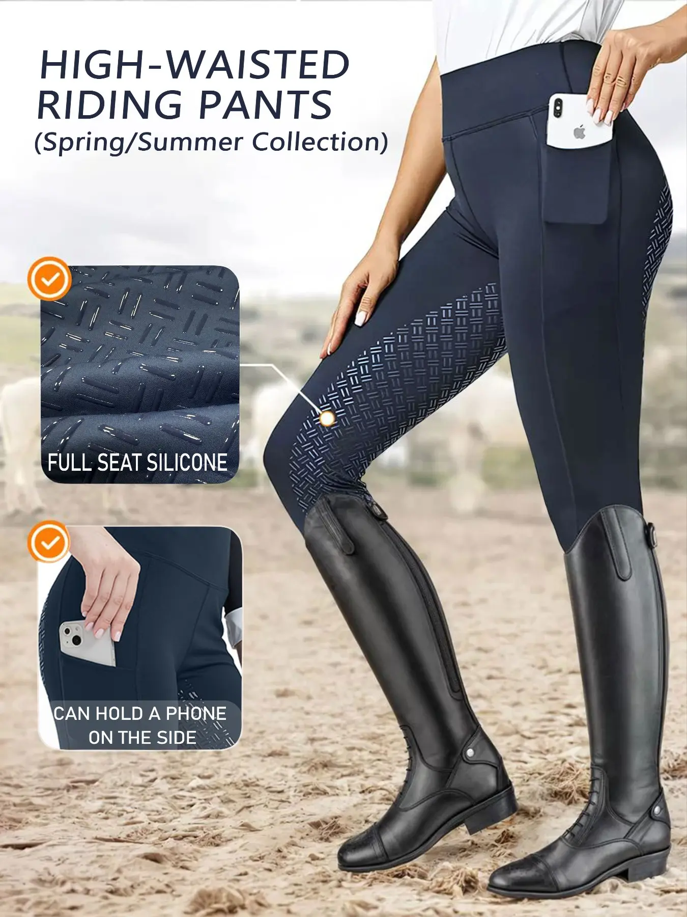 Women's High Waist Riding Pants, Silicone Slimming, Anti-Slip Wear-Resistant, Quick-Dry Elastic Waistband, Side Pockets, Equestrian Sportswear, High Waist Compression, High Compression Fit