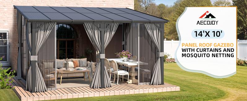 AECOJOY Gazebo for Patio, Hard Top Large Wall-Mounted Heavy Duty Gazebo Pergola with Curtains and Mosquito Netting Outdoor Canopy Shelter Outdoor Canopy Sun Parasol Umbrella