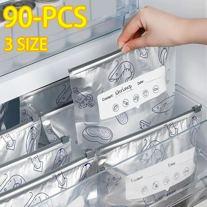 90PCS Multi-Size Reusable Aluminum Foil Storage Bags Set, 2026 New Resealable Vacuum Zipper Pouches with Label Slots & Zip Lock, Kitchen Preserving Containers for Vegetable, Fruit, Meat, Rectangular