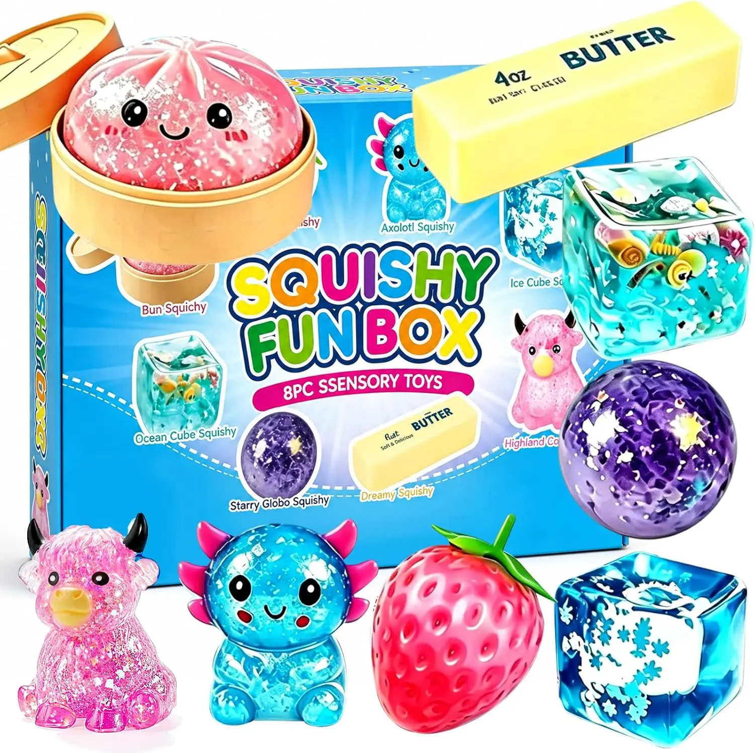 8 Pcs Squishies Pack - Soft Bun Pinch Squishy's, Stress Relief Sensory Fidget Kids Toys, Unisex Mini Gifts for Party Favors & Desk Decor