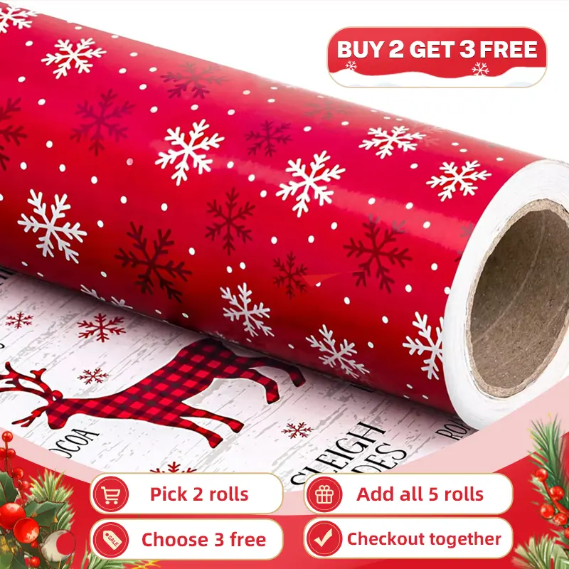 【Buy 2 + Choose 3 Free】WRAPAHOLIC Vintage & Classic Christmas Wrapping Paper Roll, Reversible Holiday Gift Wrap with Santa, Christmas Tree & Festive Patterns for Holiday Gifts, Party Celebration & Family Christmas,17 Inch x 33 or 16.5  Feet