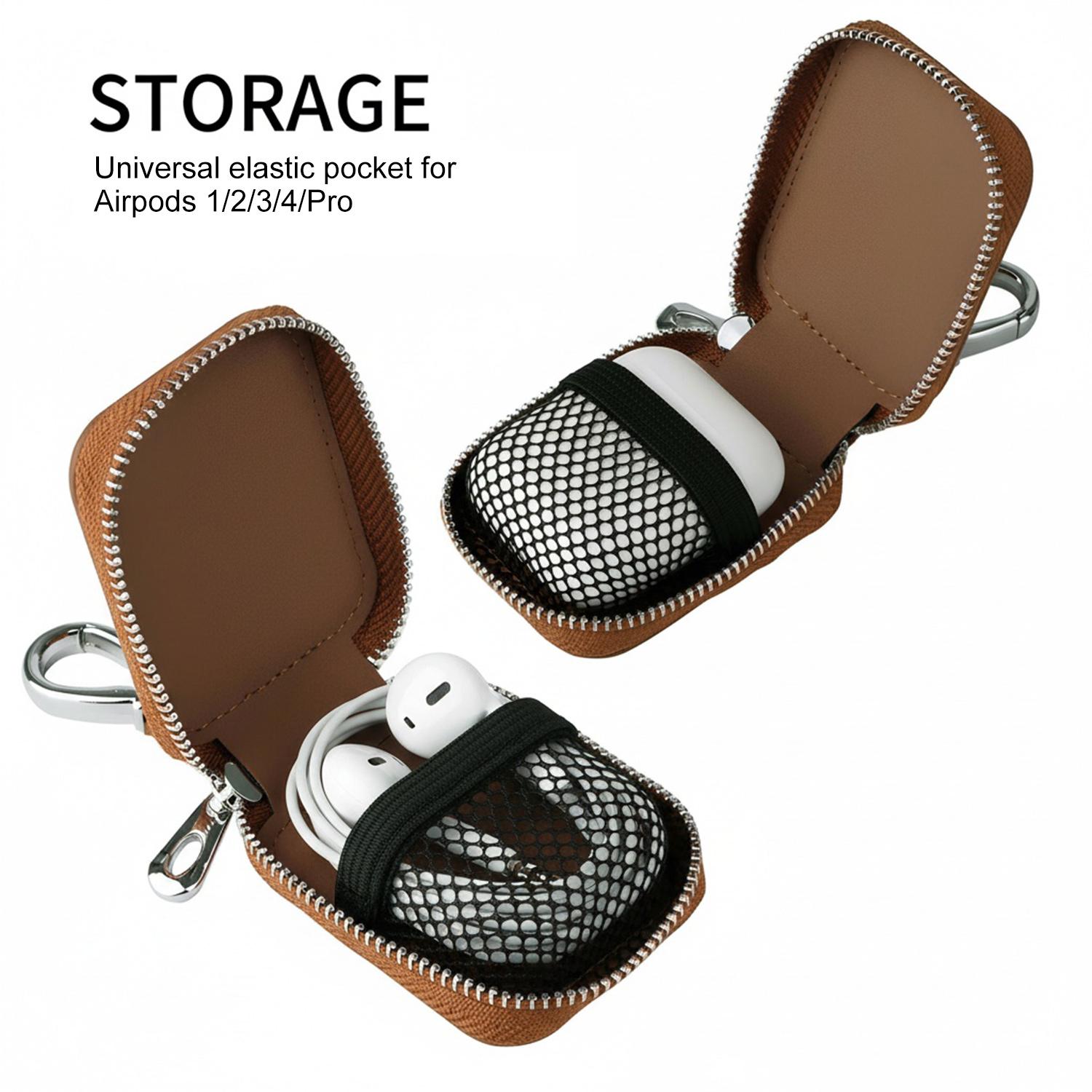 Earphone Case for AirPods 4/3/ 2/1/ AirPods Pro 3 with Carabiner, PU Leather Zipper Pouch Bag with Mesh Pocket, Travel Storage Bag for Wireless Earbuds, Wired Earphones and Charging Cables, Wired Headphone & USB Cable
