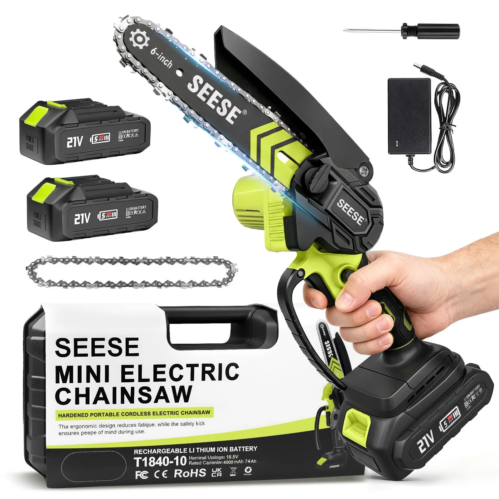 SEESE Brushless Mini ChainSaw Oil System- Portable Electric Cordless Saw for Wood Cutting, Batteries (2000mAh) ,Pruning, Gardening, Camping - Suitable for Seniors, Women Holiday gifts