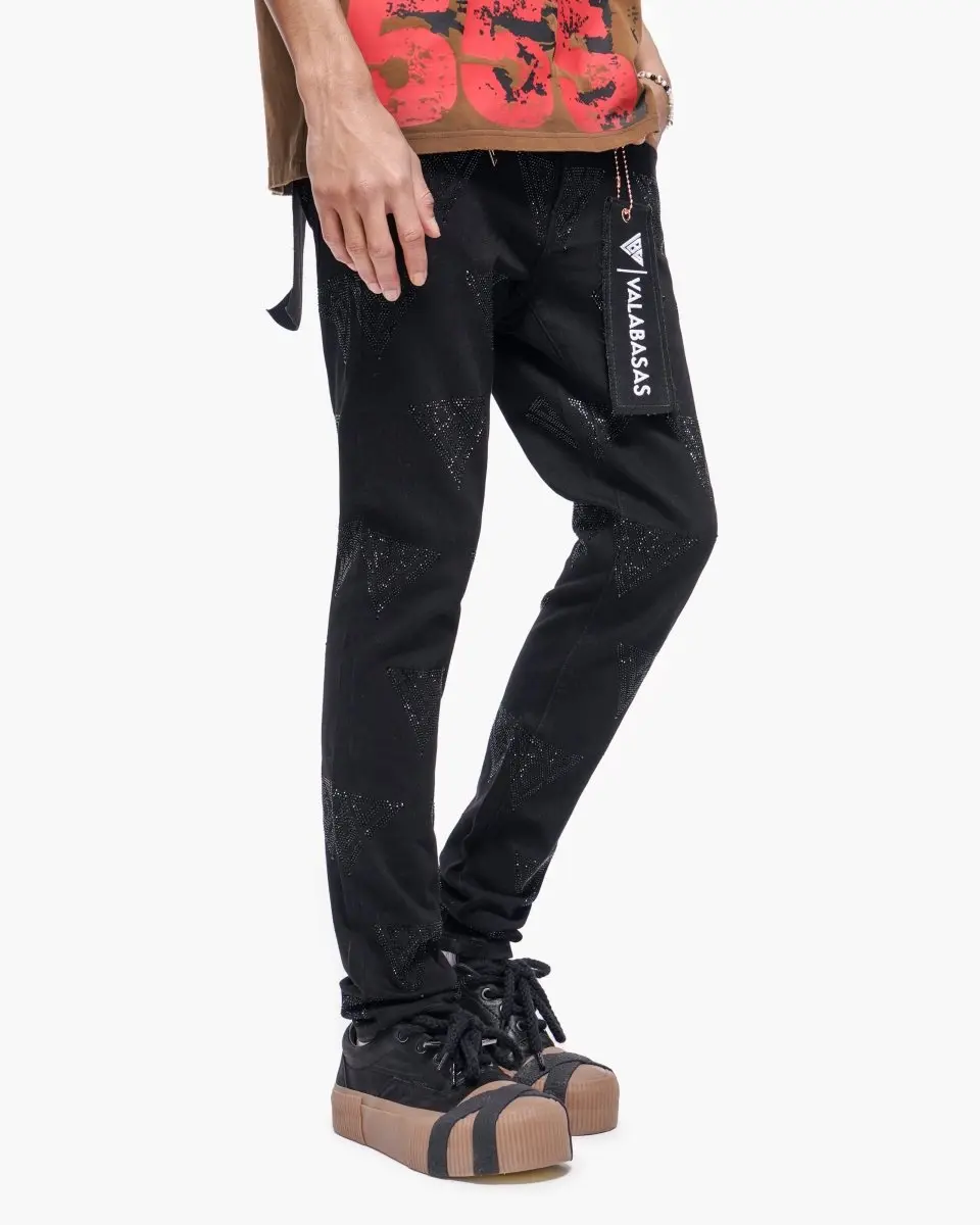 Men's Slim-Fitting Jet Black Rhinestone Jeans - Stretch Denim (Cotton-Spandex-Elastane), Button Closure, Zip Fly, All-Over Rhinestone Logo Artwork, True Size, Casual Wear