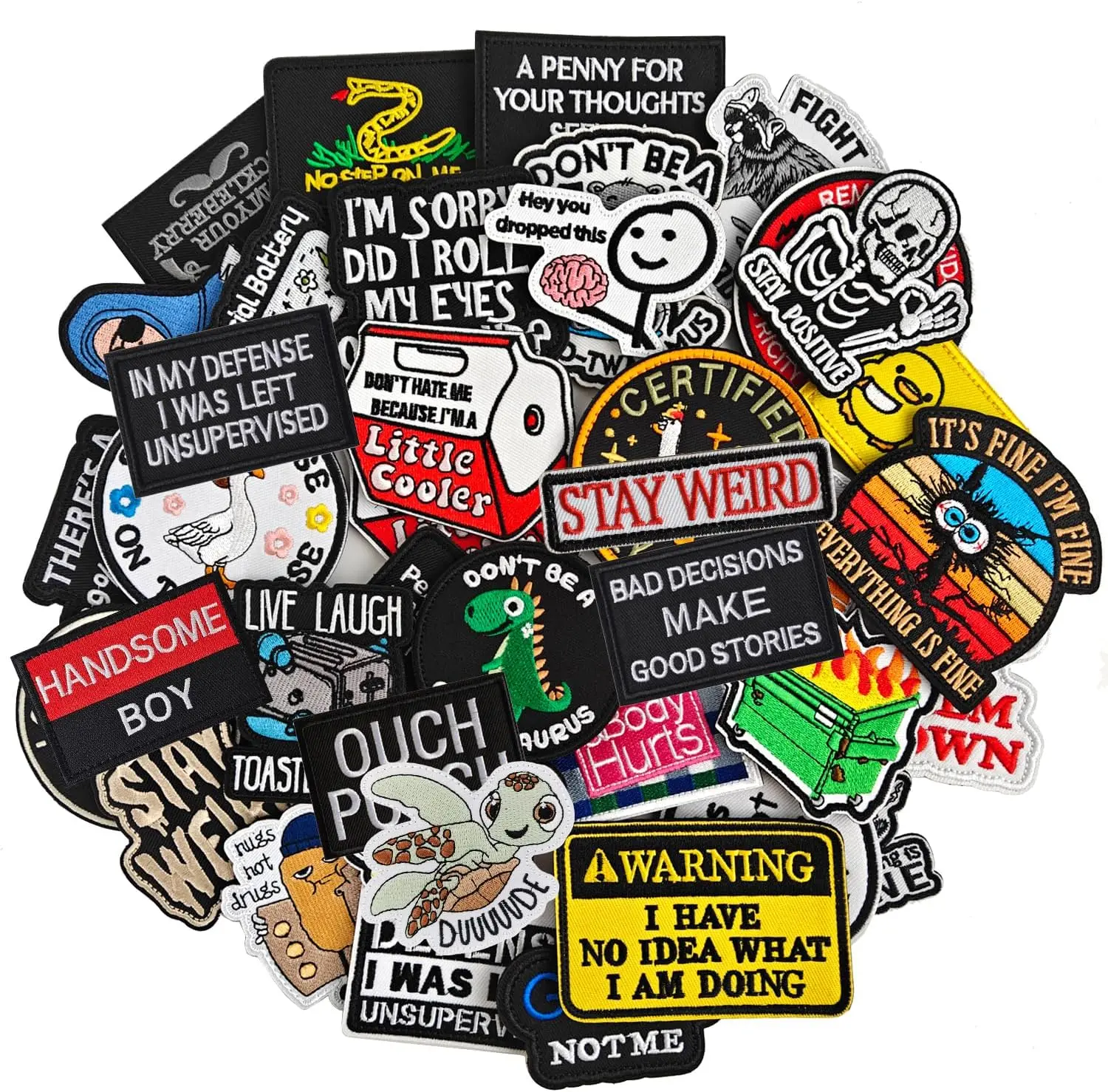 20 Random Humor Patches - Hook Loop Embroidered Meme Morale Patches, DIY Applique Accessories for Backpacks Vests, Hats Helmets hook fastener