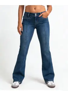 Women's Blue Washed Flare Jeans  Retro Mid rise bootcut jeans with slimming front seam lines that create a long leg shape and give you a flattering snatched waist look for daily fashion outfits