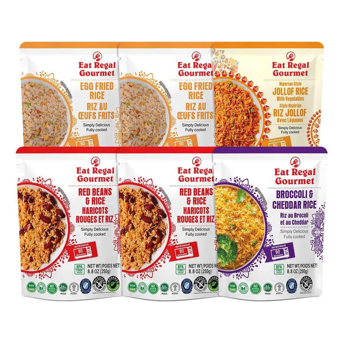 Eat Regal Instant Rice Variety Pack - 6 Count (2x Egg Fried, 2x Red Beans, 1x Broccoli & Cheddar, 1x Jollof) - 8.8oz Pantry Food