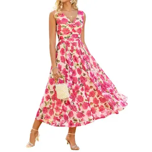 Grace Karin Women V-Neck Party Dress Sleeveless Ruched Waist A-Line Maxi Dress