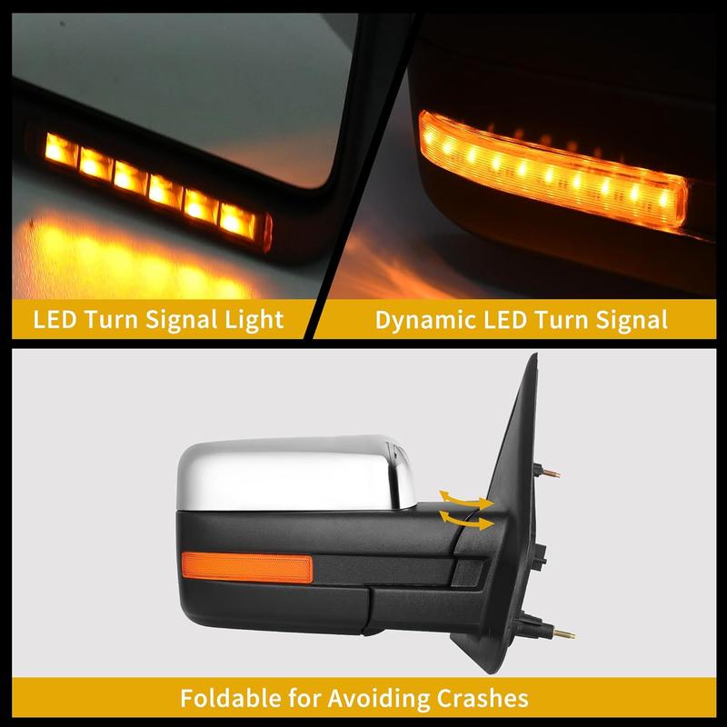 YITAMOTOR Power Heated Driver & Passenger Side Mirrors Car Accessories for 2007-2013 Ford F150 - Chrome Finish, Puddle Light Turn Signal, Enhanced Visibility