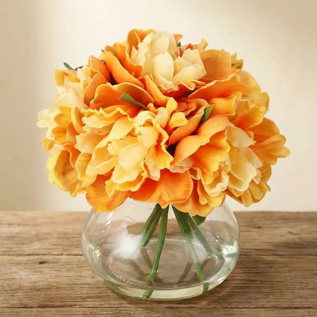 GAOMON Orange PU & Silk Artificial Peonies Centerpiece - Faux Floral Decor in Glass Vase with Mock Water, Coastal Home Bathroom Room Decorative Arrangement, Faux Silk Plant