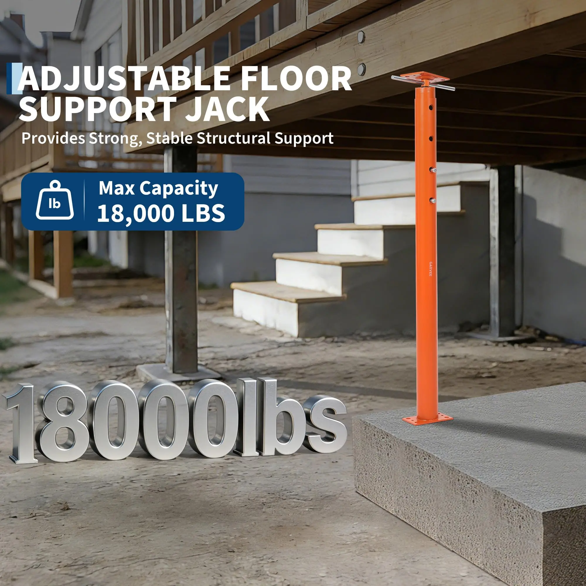 GARVEE Heavy‑Duty 18000 LBS Adjustable Steel Jack Post, 19–36 Inch Tool‑Free Screw Adjustment Floor Support Jack for Home Foundation Repair, Basement Beam & Joist Leveling