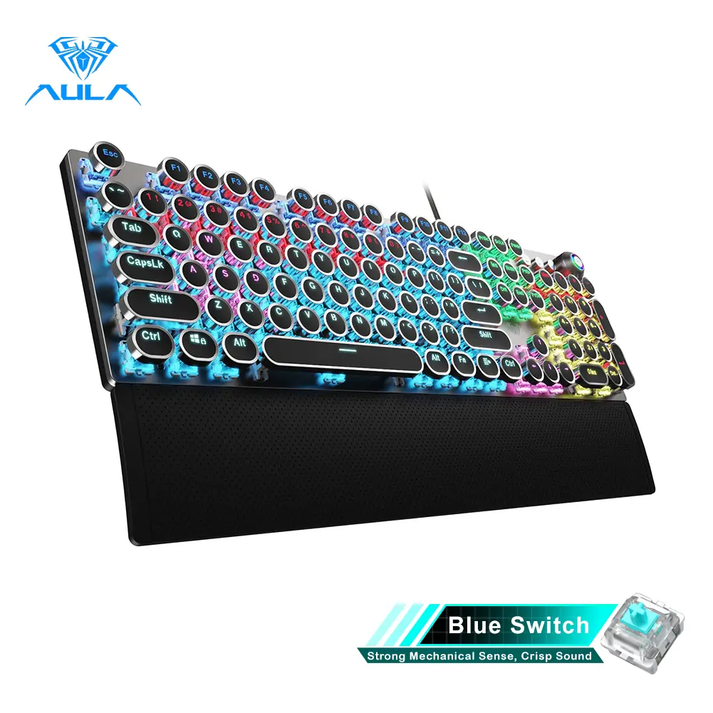 AULA F2088 Full Size Wired Transparent Ergonomic Mechanical PC Gaming Keyboard - Lighted, Blue Switches, Typewriter Style, Rainbow LED Backlit, Removable Wrist Pad, Media Control Knob, Retro Punk Round Keycaps, USB-A, Durable, Lighted Mechanical Keyboard,