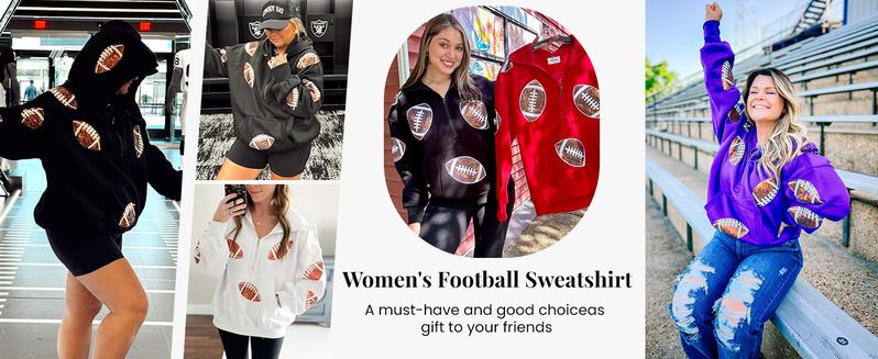Ommig Womens Oversized Game Day Hoodies Long Sleeve Half Zipper Pullover Sequins Football Print Sweatshirt with Kangaroo Pocket