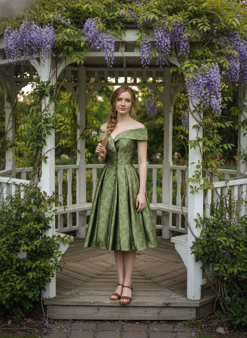 Green 1950s Off-Shoulder Vintage Dress Formal Womenswear Sleeveless Floral Valentine's Day Summer Holiday Dress wedding guset with Back Concealed Zipper Knee Length