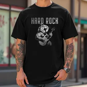 Rock Music Graphic Tee Hard Rock Cat Playing Electric Guitar Vintage Distressed Design Casual Short Sleeve Tshirt