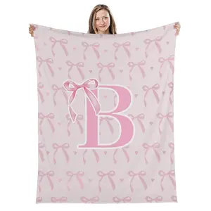 Coquette Pink Bow Throw Blanket ,Personalized Initial Soft Fluffy Cozy Flannel Monogrammed Gifts for Daughter Women Teen Girls Customized Bedding Bedroom Office
