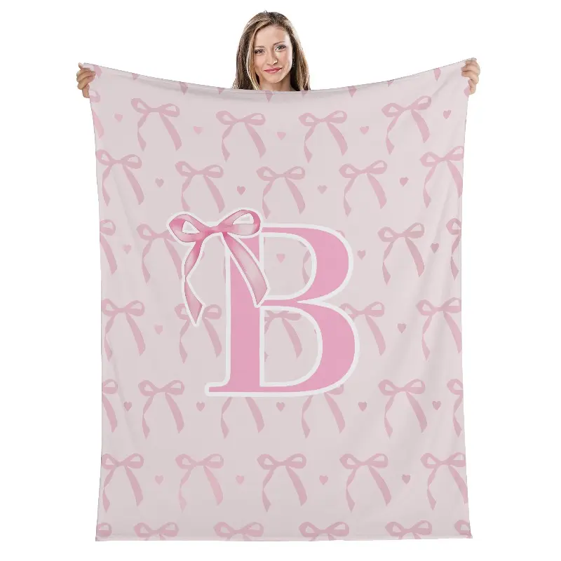 Coquette Pink Bow Flannel Throw Blanket - Personalized Initial Soft Fluffy Cozy Monogrammed Bedding Gift for Women, Ideal for Bedroom Office, Flannel Blankets