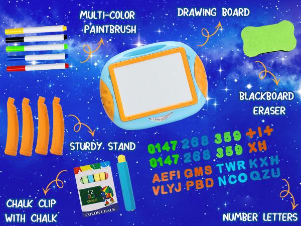 Small Erasable Drawing Board Easel with Letters and Numbers Kid's Drawing Table Creative Gift Toys Children's Art Set Toys Multifunction Stickers Kit Washable Markers Watercolor Paint Brushes Sketch Markers Twistable Crayons Sticker Cards