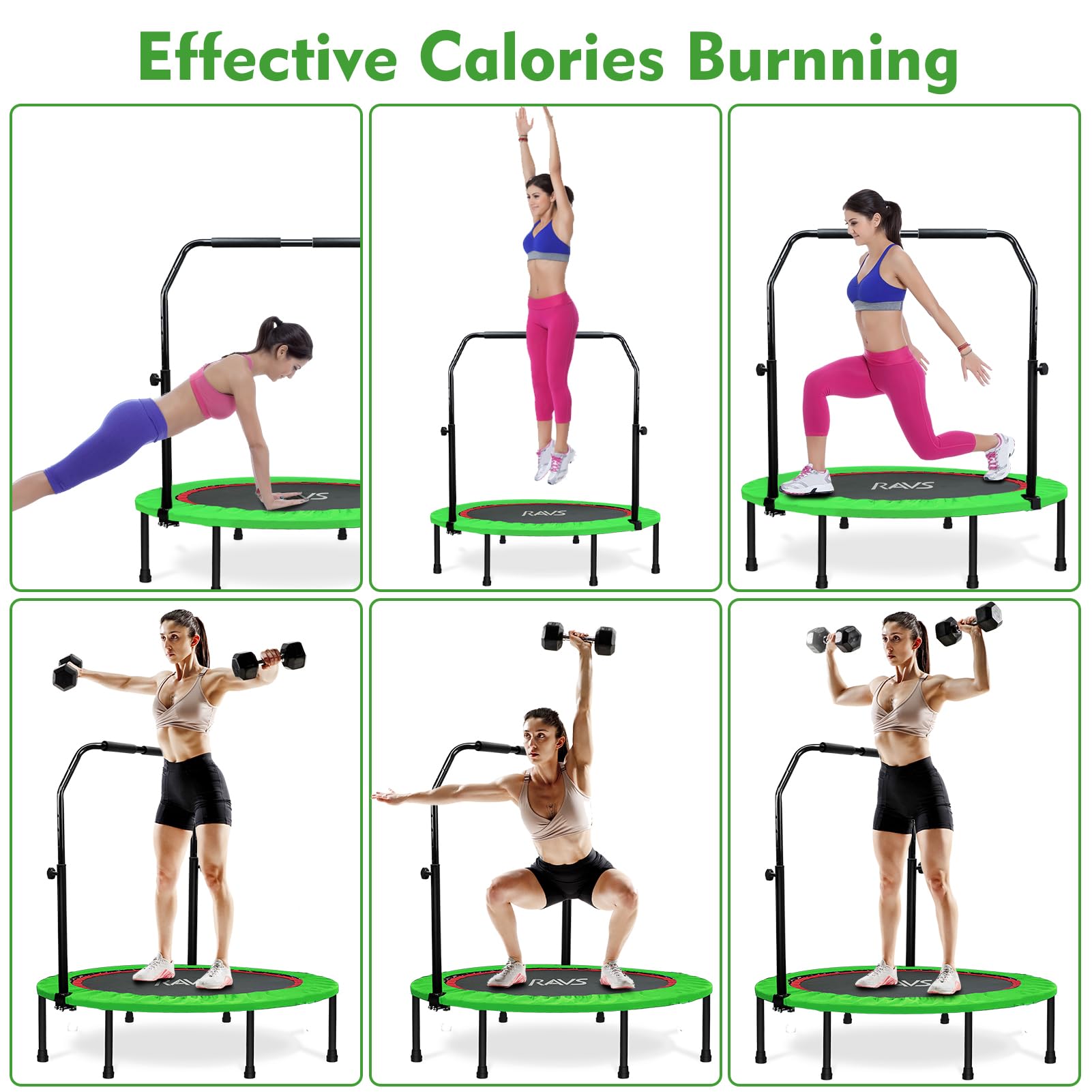 RAVS 40" Mini Trampoline Foldable for Adults 450LBS Fitness with Bungees Adjustable Bar Sturdy Steel Frame 5-Level Height-Adjustable Handrail Easy Assembly Indoor Outdoor