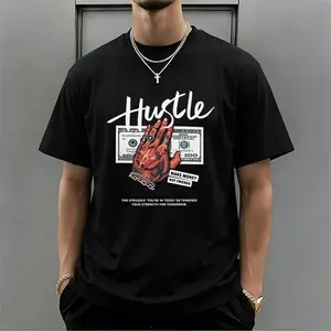 Men’s “Hustle” premium pure cotton short-sleeve T-shirt with a US dollar print, black, loose street-style casual fit, 2026 TikTok trend model.