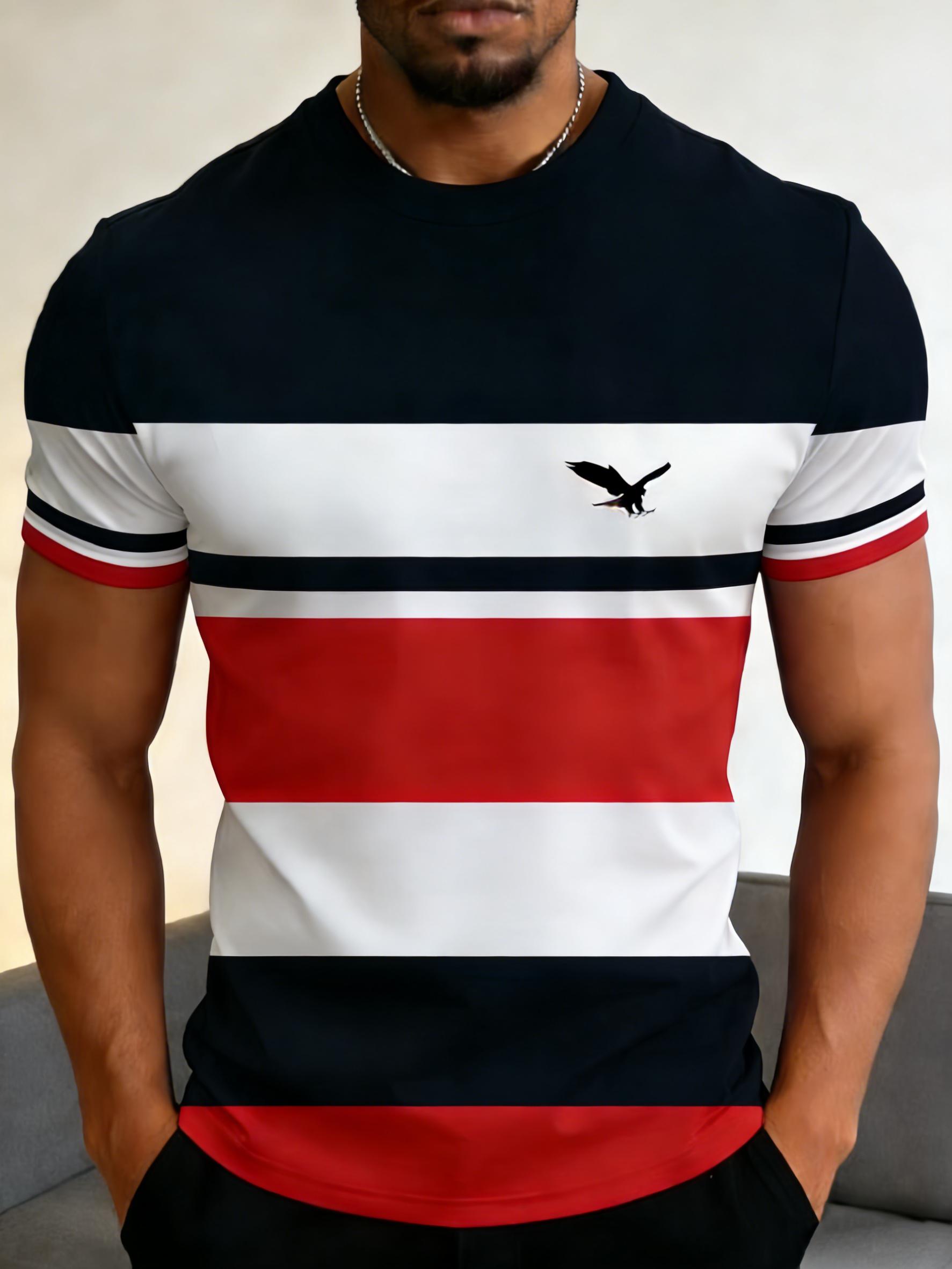 Men's fashionable striped T-shirt, slim fit with a round neck, breathable fabric, color-block design, eagle pattern casual short-sleeve T-shirt, suitable for everyday casual wear